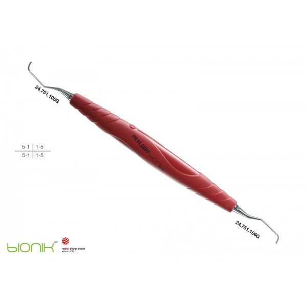 24.203.05G СПЕЦИАЛНА КЮРЕТА ПЕРИОДОНТАЛНА, ДРЪЖКА BIONIK, GRACEY 5-6, ЧЕРВЕНО-ЛИЛАВИ СМЕНЯЕМИ НАКРАЙНИЦИ 